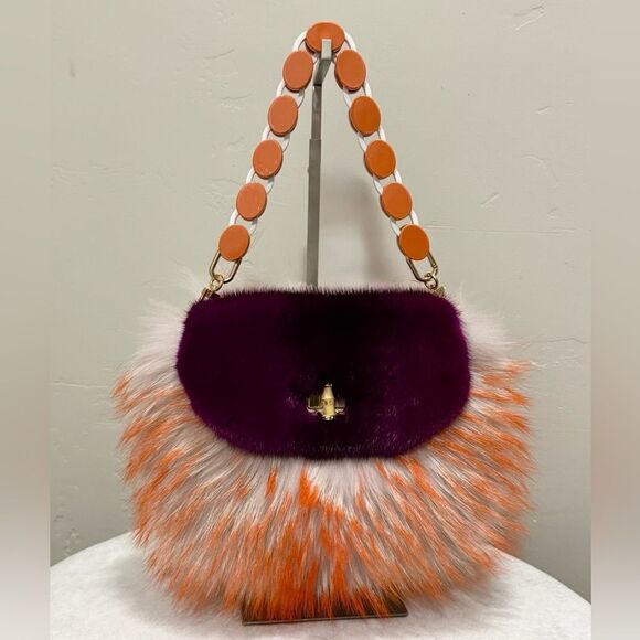 Stunning Colorblock Real Mink Fur with Finn Raccoon Fur Purse, Includes 2 Straps - Picture 1 of 17